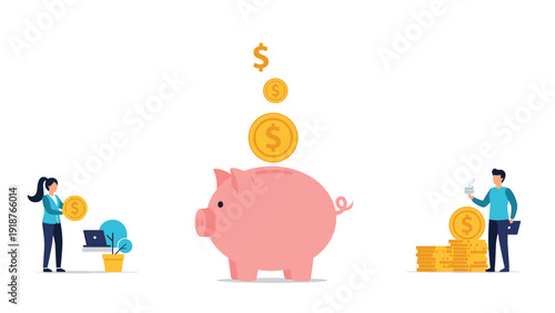 Large pink piggy bank with gold coins being saved by professional characters to represent financial investment and smart savings.