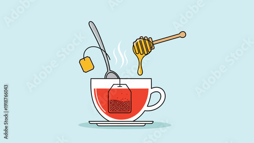 Steaming cup of hot tea with a tea bag, silver spoon, and a wooden honey dipper against a soft blue background in a flat design.