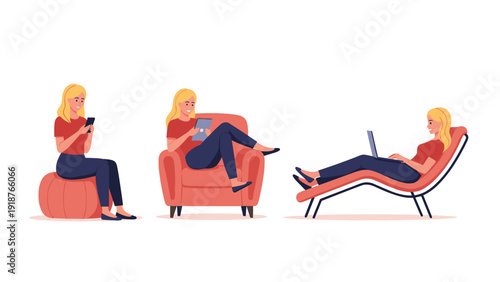 Set of illustrations showing a woman relaxing on various furniture while using her phone, tablet, and laptop computer at home.