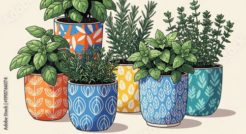 Vibrant potted herbs in colorful decorative planters on cream background for home gardening and cooking