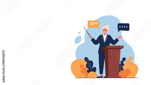 Experienced elderly woman speaker giving a passionate presentation from behind a wooden podium at a professional conference.