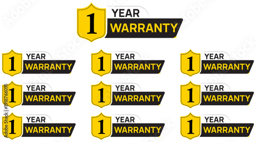 1-Year Warranty Shield Icon Set with Yellow and Black Design Collection of One Year Guarantee Badges for Product Assurance Premium Golden Warranty Stickers for Retail and E-commerce Quality Security