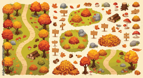 Autumn Forest Illustration Set with Trees, Path, Fallen Leaves, and Game Elements