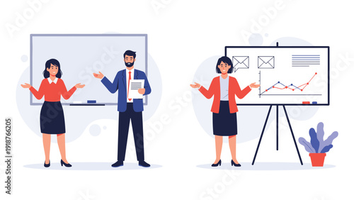 Two professional business characters presenting analytical data and growth graphs on a whiteboard and informative display stand.