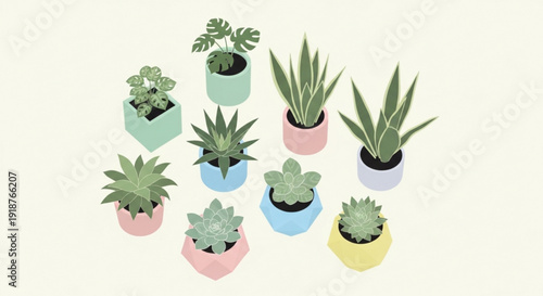Collection of assorted potted succulents and houseplants in colorful pots on a neutral background