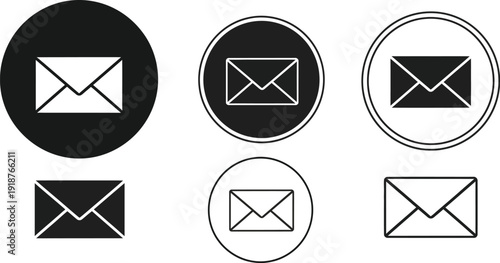 A collection of six mail envelope icons in different black and white styles, including solid fill and outline variations for web design.