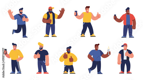 Group of diverse men in casual and colorful outfits giving a thumbs up gesture or waving to show positivity and community support.