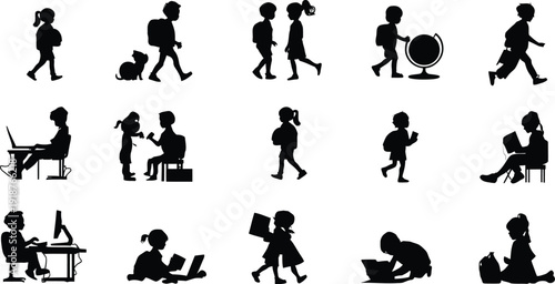 Silhouette collection shows diverse people reading books and engaging with digital devices while sitting or standing in various relaxed and formal settings.