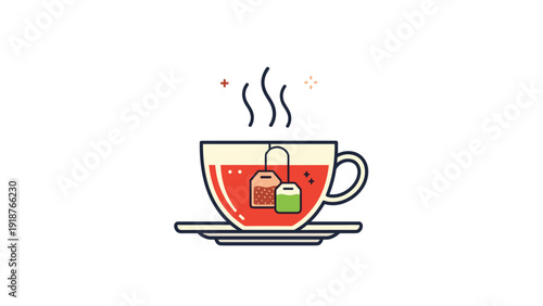 Glass cup of hot tea with two different tea bags inside a mug on a saucer with rising steam and sparkles against white.