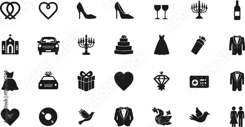 Collection of ornate black and white vector wedding and romantic couple design elements featuring elegant corner borders for invitations and decorative framing purposes