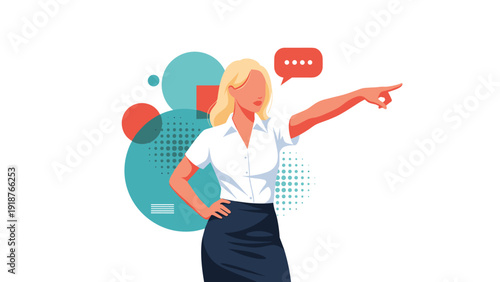 Young professional woman pointing forward with determination while wearing a white shirt and navy skirt on a colorful background.