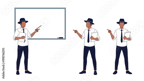 Professional man in a formal white shirt and black hat pointing at a whiteboard and gesturing in several different poses.