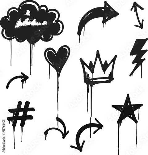 Graffiti-inspired black icons with dripping paint effect featuring cloud, heart, crown, star, lightning bolt, hashtag, and arrows