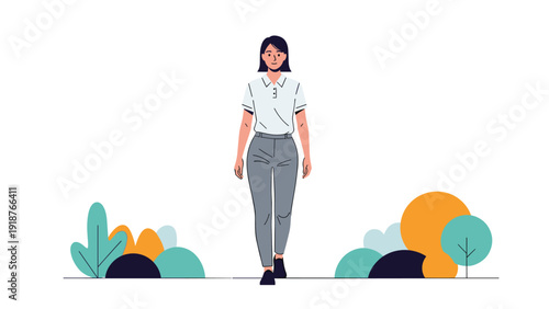 Woman in a casual white polo shirt and grey trousers walking confidently on a white background with colorful abstract plants.