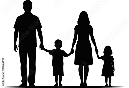 Silhouette of happy family holding hands.