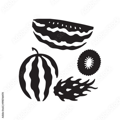 Tropical Fruit Collection Featuring Watermelon Dragonfruit Kiwi and Passionfruit Black Vector Icons.