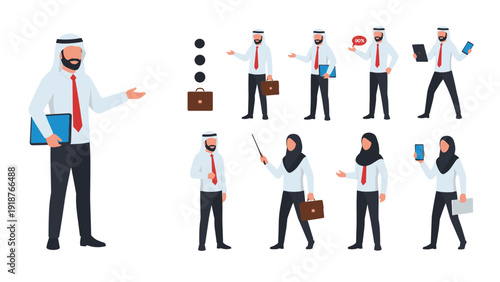 Group of male and female professionals in Middle Eastern business attire shown in several different poses for corporate use.