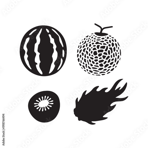 Tropical Fruit Collection Featuring Watermelon Dragonfruit Kiwi and Passionfruit Black Vector Icons.