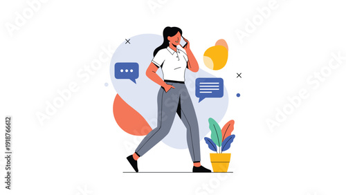 Young woman in casual clothing walking while engaged in a conversation on her mobile phone with abstract shapes in the back.