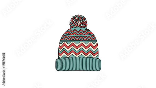Detailed illustration of a colorful knit beanie hat with a zigzag pattern and a fluffy pom-pom on top for winter warmth.