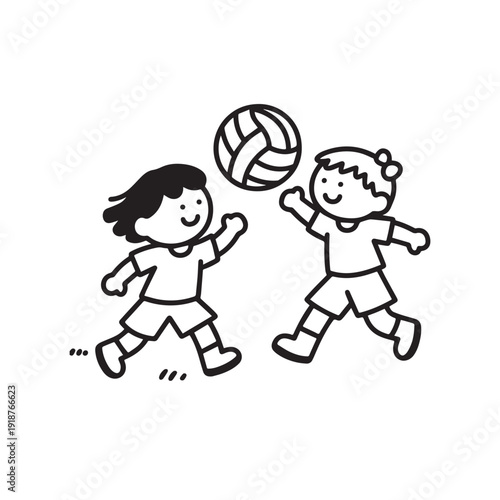  Two Happy Children Playing Together With A Volleyball On A Grassy Field. 