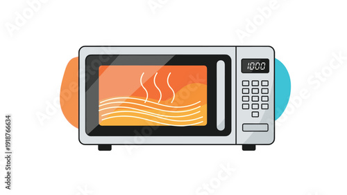 Silver microwave oven heating up food shown by waves of energy and rising steam against a white background with colorful accents.