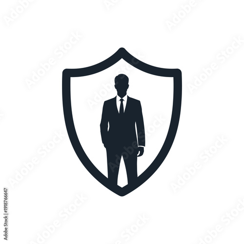 Man in Suit Standing Inside Shield Icon.