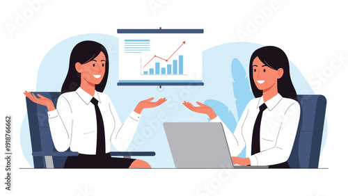 Two professional women in white shirts and ties having a discussion in an office with a projector screen showing a growth graph.