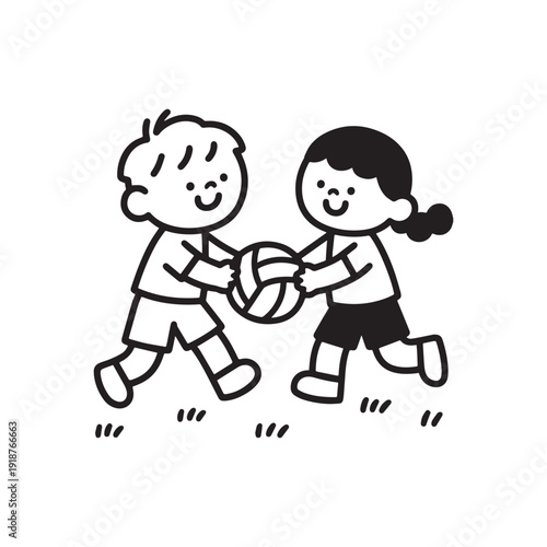  Two Happy Children Playing Together With A Volleyball On A Grassy Field. 