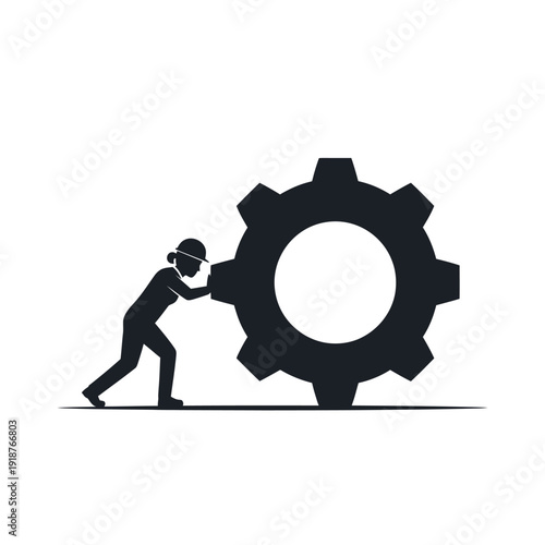 Man Pushing Large Gear Mechanism.