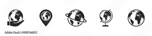Collection of globe icons depicting earth in different styles including hand held and location pin