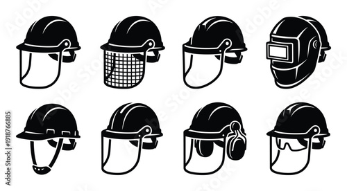 Set of protective headwear for industrial workers including welding helmets and safety helmets