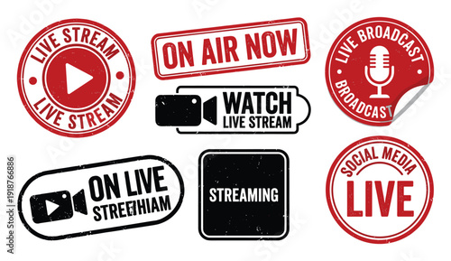 Set of live stream and broadcasting stamps with grunge texture on transparent background