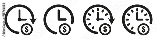 Collection of four black icons depicting time and money concept with clock and dollar sign
