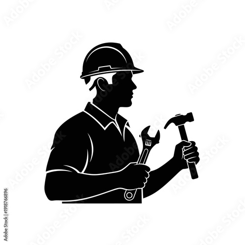Construction Worker Silhouette with Tools.