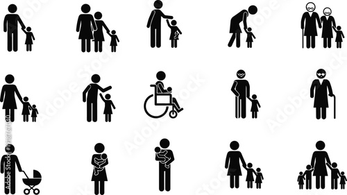 Universal Family and People Pictogram Icon Set Featuring Parents Children Grandparents Infants and Individuals with Disabilities for Social Design Vector