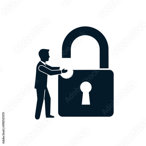 Man Unlocking Large Padlock with Key.