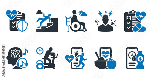 Collection of healthcare and wellness icons representing health check physical activity and medical care