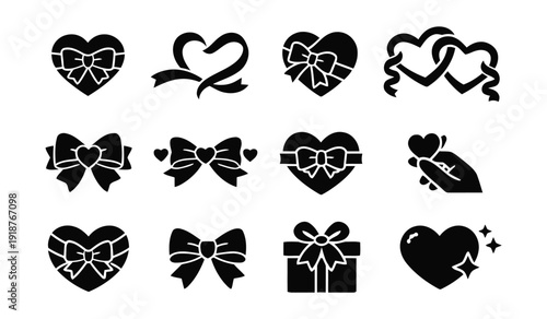 Collection of heart shaped gift boxes and bows for valentine day celebration