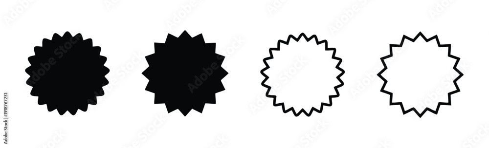 © Tabassum - Collection of four starburst or badge icons, solid black and outline for emphasis or recognition © Tabassum - Collection of four starburst or badge icons, solid black and outline for emphasis or recognition