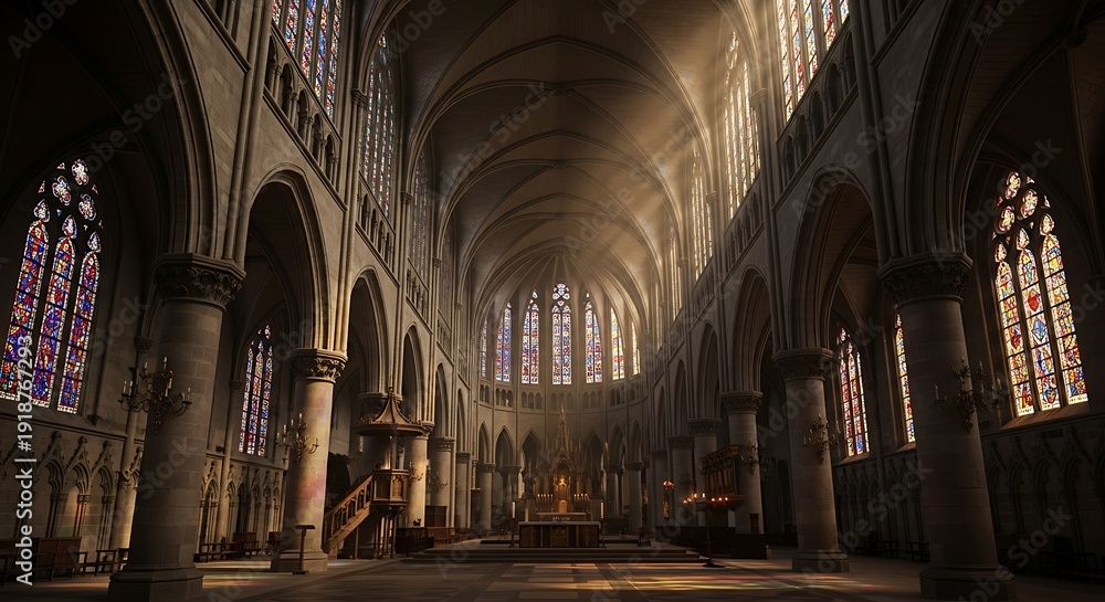 Obraz premium Majestic interior view of a grand gothic cathedral nave illuminated by dramatic sunbeams streaming through tall vibrant stained glass windows creating an ethereal atmosphere