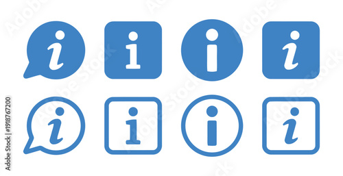Collection of informational 'i' icons in blue, various shapes