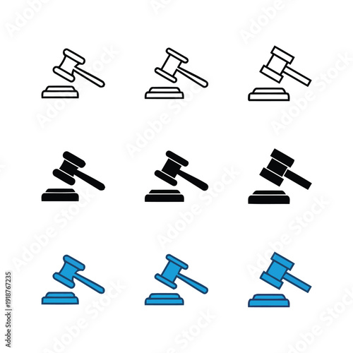 Collection of judge gavel icons in outline solid and colored variations