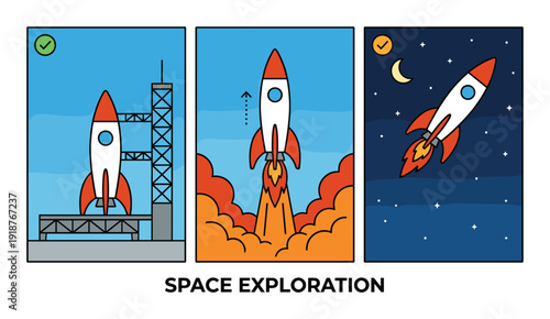 Space exploration vector illustrations. rocket launch preparation, takeoff, flight in night sky with stars and moon