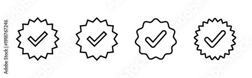 Collection of four verified check mark icons, stylized as badges or seals on a white background