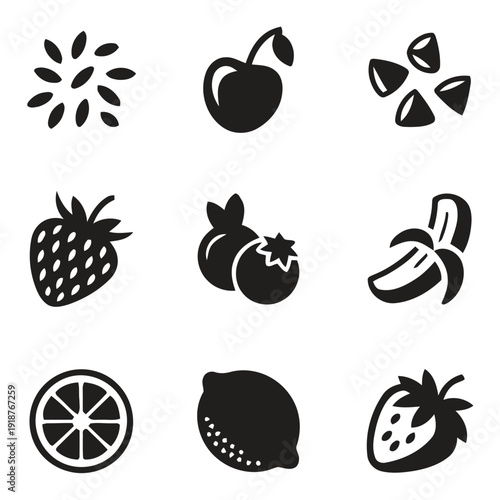 Collection of fresh fruit and berry icons for food and beverage design
