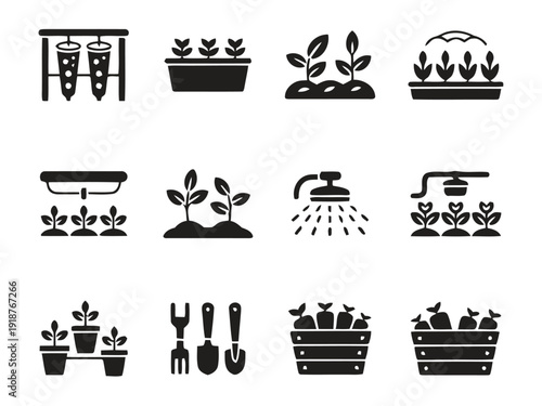 Collection of gardening and farming icons representing cultivation and growth