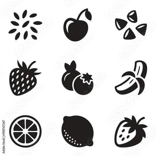 Collection of fresh fruits icons like strawberry banana cherry blueberry and lemon slices