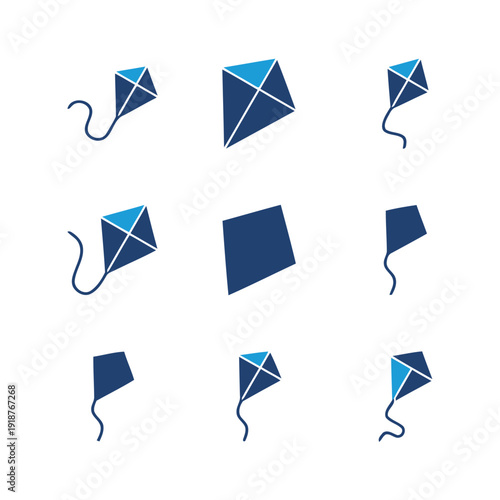 Collection of kite icons in blue and light blue for outdoor recreation