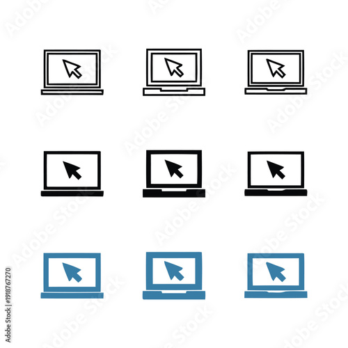 Collection of laptop computer icons with cursor in various styles for digital interface